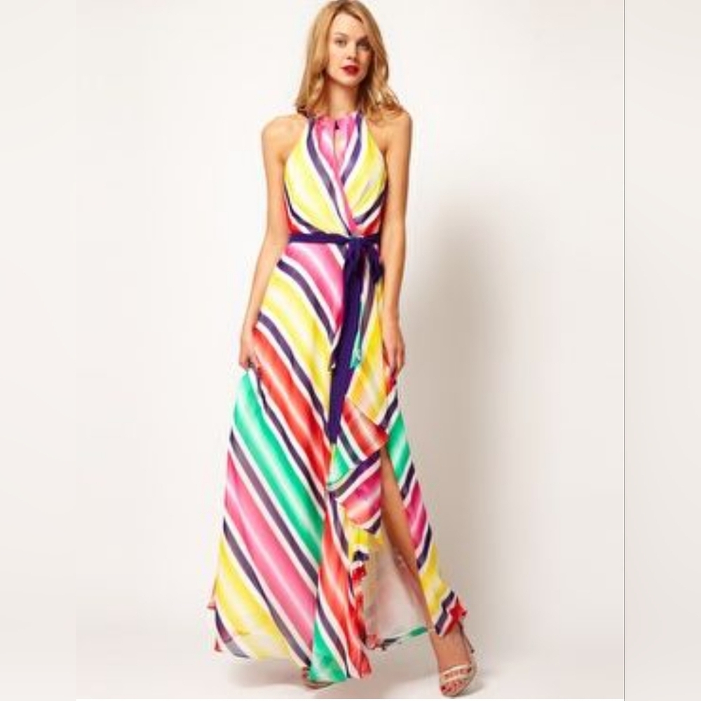 COAST Strip Multi-Color Rainbow Maxi Dress Size 8 in Perfect Condition